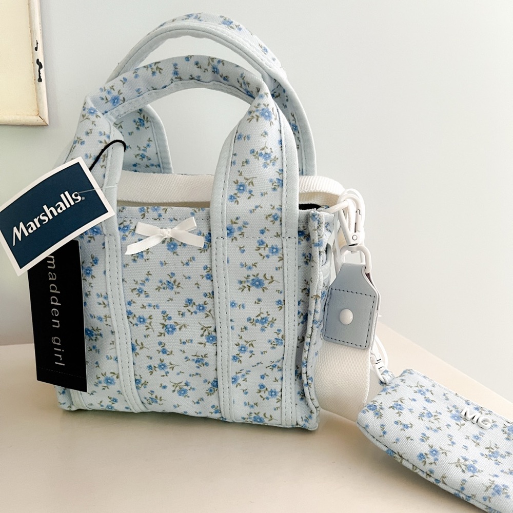 MADDEN GIRL Blue COQUETTE Floral Canvas Mini Tote Purse Bag NWT